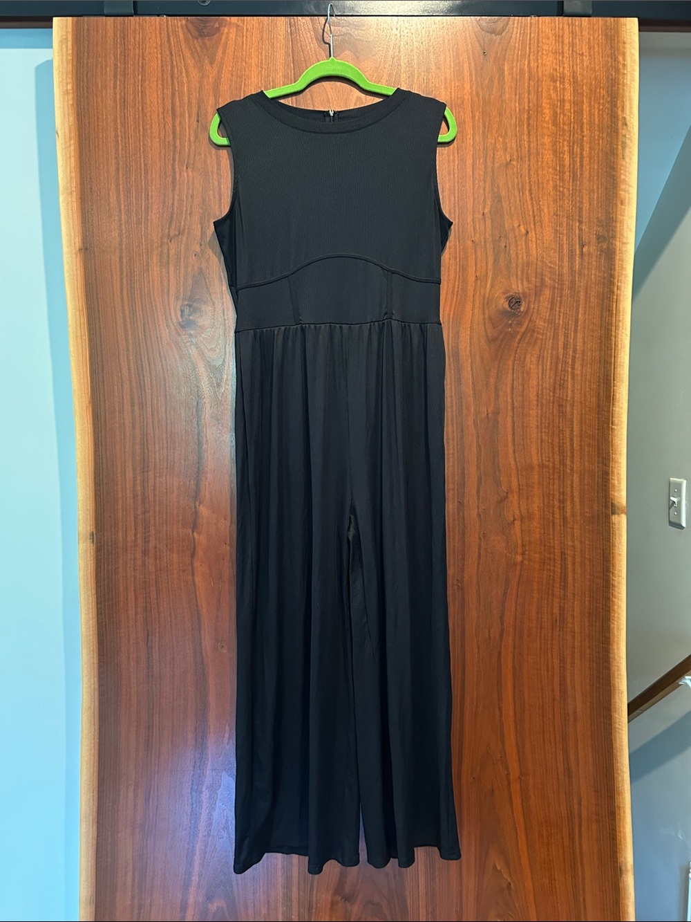 Black Microribbed wide leg jumpsuit with Back Zip